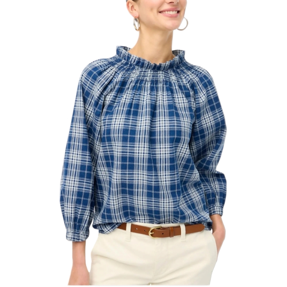 J. Crew New Plaid Smocked Ruffle-Neck Long-Sleeve Top S